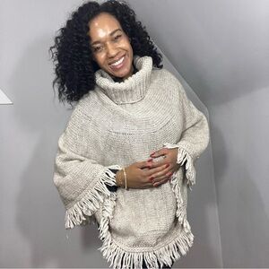 Iperico Neutral Knit Poncho Wool Alpaca Fringe Shawl Apres Ski Made in Italy